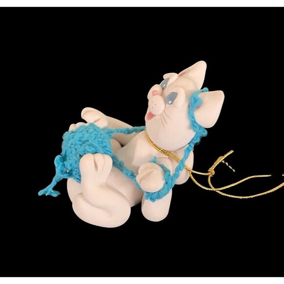 Vintage Cecile Baerd OOAK White Kitty Cat w Blue Yarn Figure *Sugar* Signed, Tag - Picture 3 of 10